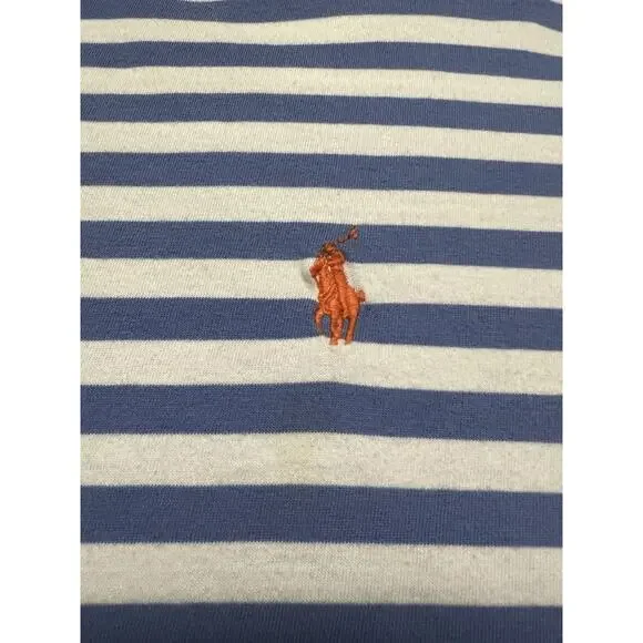 Polo Ralph Lauren Mens XL Short Sleeve Polo Shirt Blue Stripe Orange Logo Preppy - Picture 2 of 9